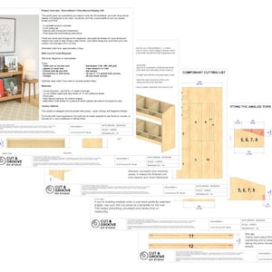 K&ouml;nnte beinhalten: Ein hellbraunes Holz-Schallplatten-Display mit mehreren Regalen, das Schallplatten enth&auml;lt. Der Entwurf enth&auml;lt eine Zeichnung mit Ma&szlig;en und Montageanweisungen. Der Text "GrooveStack 3" ist sichtbar.