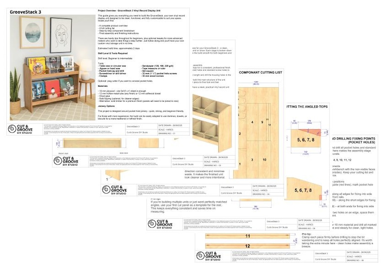 K&ouml;nnte beinhalten: Ein hellbraunes Holz-Schallplatten-Display mit mehreren Regalen, das Schallplatten enth&auml;lt. Der Entwurf enth&auml;lt eine Zeichnung mit Ma&szlig;en und Montageanweisungen. Der Text "GrooveStack 3" ist sichtbar.