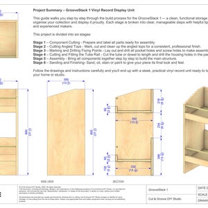 May include: Detailed technical drawing of a DIY vinyl record display unit, labeled "GrooveStack 1". The design includes front, side, top, and section views with measurements in inches. The unit features shelves and a slanted top, with instructions for assembly.