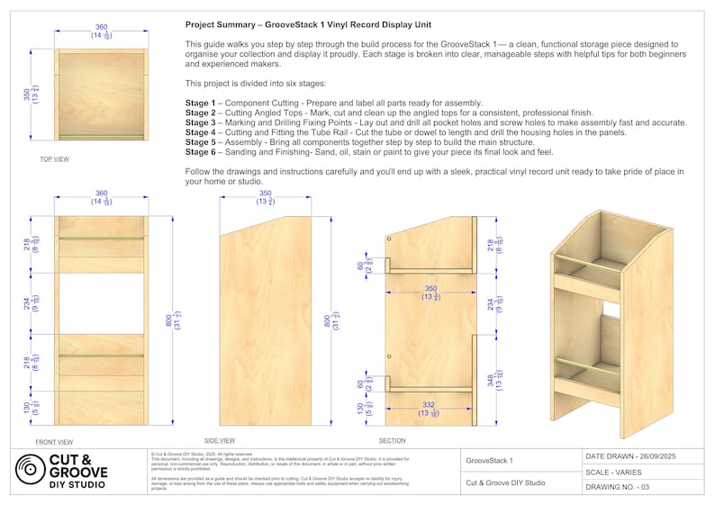 May include: Detailed technical drawing of a DIY vinyl record display unit, labeled "GrooveStack 1". The design includes front, side, top, and section views with measurements in inches. The unit features shelves and a slanted top, with instructions for assembly.