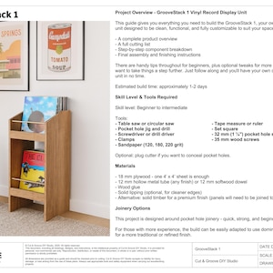 May include: A wooden vinyl record display unit with two shelves and brass-colored metal rods. The unit is designed to hold vinyl records and is shown with album covers. The design includes the text "GrooveStack 1" and instructions.