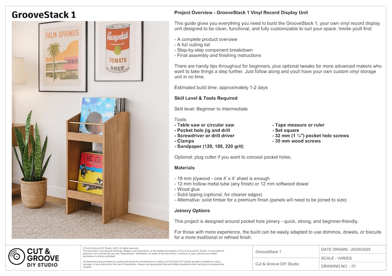 May include: A wooden vinyl record display unit with two shelves and brass-colored metal rods. The unit is designed to hold vinyl records and is shown with album covers. The design includes the text "GrooveStack 1" and instructions.