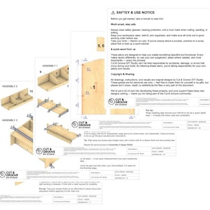K&ouml;nnte beinhalten: Detaillierte Diagramme und Anweisungen f&uuml;r ein DIY-Projekt mit Montageschritten und Sicherheitshinweisen. Die Illustrationen zeigen Holzkomponenten und Konstruktionsdetails mit Text von "Cut & Groove DIY Studio".