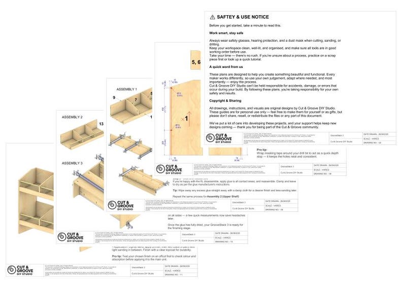 K&ouml;nnte beinhalten: Detaillierte Diagramme und Anweisungen f&uuml;r ein DIY-Projekt mit Montageschritten und Sicherheitshinweisen. Die Illustrationen zeigen Holzkomponenten und Konstruktionsdetails mit Text von "Cut & Groove DIY Studio".