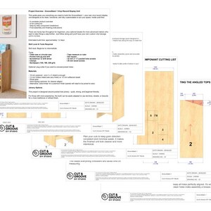 May include: A wooden record display unit with a light brown finish, holding vinyl records. The image includes detailed diagrams and instructions for building the unit, with the text "GrooveStack 1" and "CUT & GROOVE DIY STUDIO".
