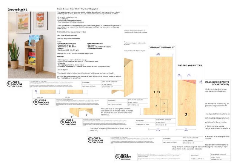 May include: A wooden record display unit with a light brown finish, holding vinyl records. The image includes detailed diagrams and instructions for building the unit, with the text "GrooveStack 1" and "CUT & GROOVE DIY STUDIO".