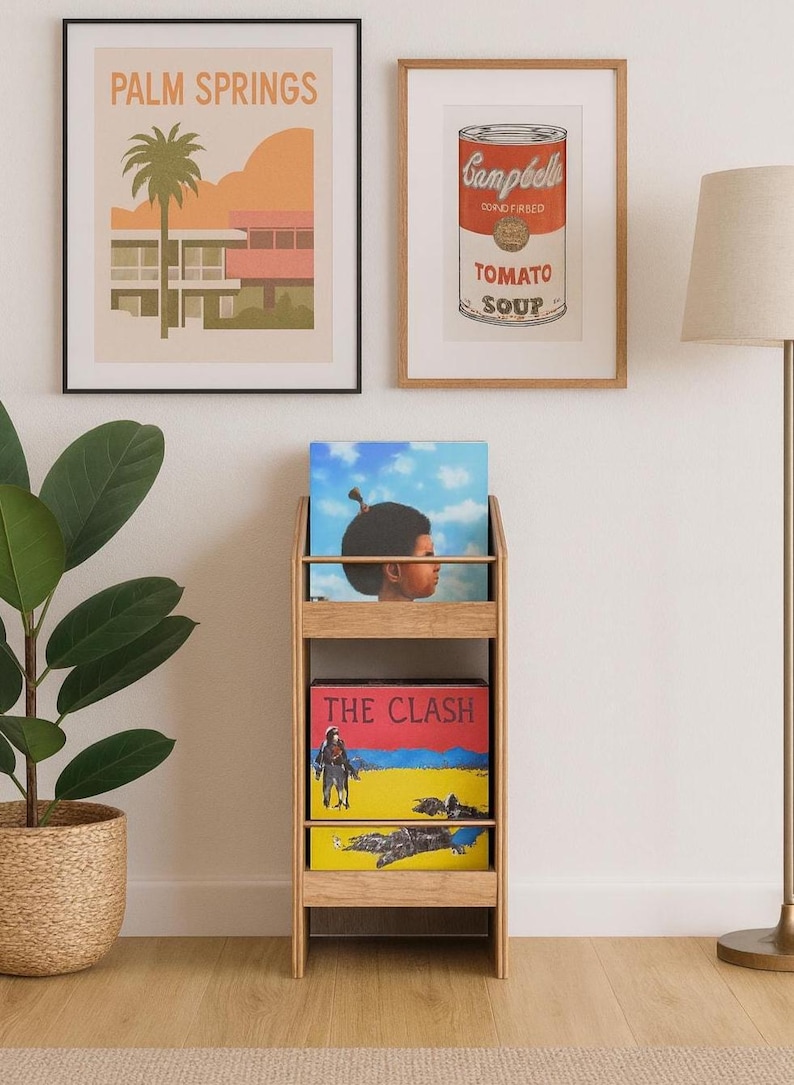 May include: A wooden record storage unit holding three vinyl records. Two framed art prints hang above the unit. One print says "Palm Springs" and the other is a Campbell's Tomato Soup can. A floor lamp and potted plant are also in the image.