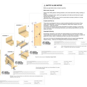 May include: A collection of woodworking plans and diagrams from Cut & Groove DIY Studio. The images show assembly instructions, diagrams, and a safety notice. The plans are printed on white paper with black text and illustrations, showcasing various woodworking projects.