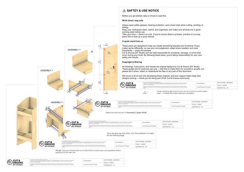 May include: A collection of woodworking plans and diagrams from Cut & Groove DIY Studio. The images show assembly instructions, diagrams, and a safety notice. The plans are printed on white paper with black text and illustrations, showcasing various woodworking projects.
