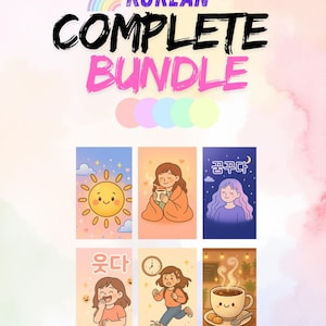 Pode incluir: Um gráfico colorido que promove um pacote de aprendizagem da língua coreana. A imagem apresenta o texto "Korean Complete Bundle" e "150+ Illustrated Flashcards". As ilustrações incluem um sol sorridente, uma pessoa bebendo chá e uma xícara de café.