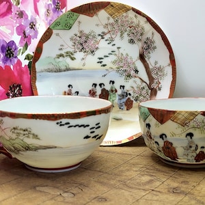 Vintage Kutani Geisha Tea Set Tea Cup Saucer & Sugar Bowl Hand Painted Japanese Porcelain
