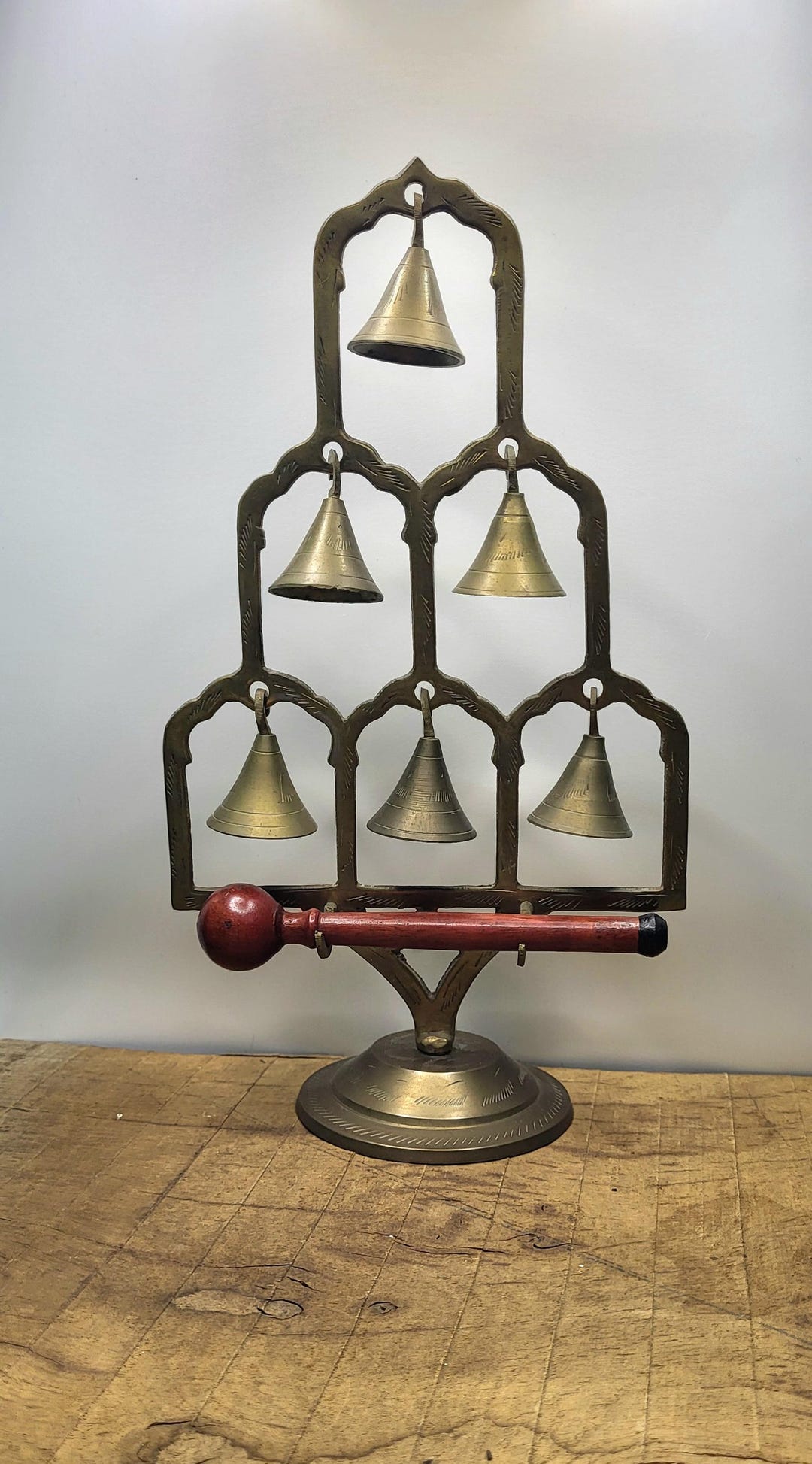 Vintage Brass Bell Tree With Wooden Bell Hammer and Engraved Pattern ...