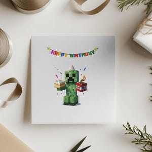 Biglietto di auguri di compleanno stampabile Pixel Green Monster - Download digitale per giocatori 5x7