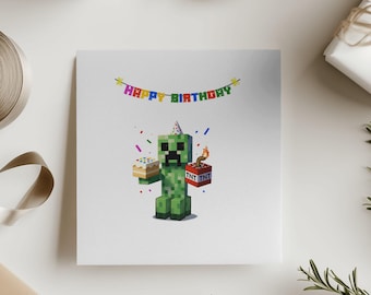 Printable Pixel Green Monster Birthday Card - 5x7 Gamer Digital Download