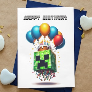 Könnte beinhalten: Geburtstagskarte mit dem Text "HAPPY BIRTHDAY" in pixeliger Schrift. Die Karte zeigt eine grüne, pixelige Figur mit Kuchen, Luftballons und Luftschlangen. Die Ballons sind blau, gelb und rot.