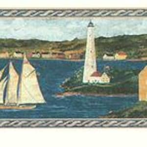 May include: Decorative wallpaper border featuring a coastal scene. A sailboat sails on blue water, with a lighthouse and a yellow house on a small island. Green hills and a town are in the background, with a decorative border.