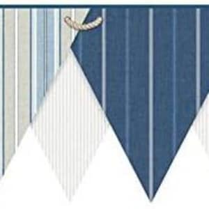 May include: A nautical-themed banner featuring alternating pennants with various blue and white striped patterns. Each pennant is triangular, with rope accents at the top for hanging. The banner is designed with a clean, minimalist aesthetic, suitable for coastal or marine-themed decor.