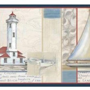 May include: Coastal-themed wallpaper border featuring a sailboat and two lighthouses. The lighthouses are white with red accents. The sailboat has a white sail. The background has a light beige color with blue and red accents. The border has text at the bottom.