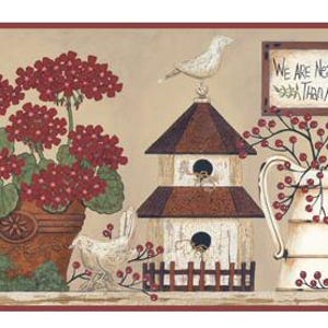 May include: A decorative border featuring a rustic scene with a birdhouse, a white pitcher with red berries, and a potted plant with red flowers. A sign reads "We are nearer God's heart than anywhere else on earth."