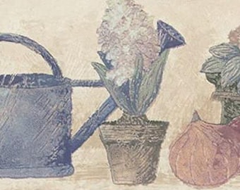 Textured Watering Can and Flower Pots Wallpaper Border 451-1688
