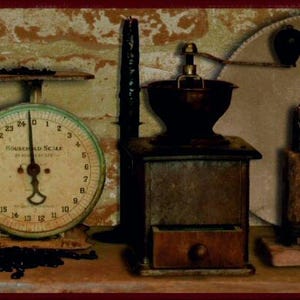 May include: An antique still life featuring coffee-related items. A burlap sack with "COFFEE BEANS" text, a vintage scale, a "RED STAR COFFEE" tin, and a wooden coffee grinder are arranged on a shelf. Coffee beans are scattered around the objects.