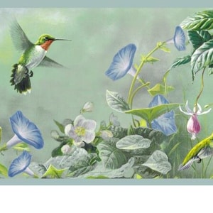 May include: A detailed painting of hummingbirds in flight, surrounded by vibrant flowers and foliage. The artwork features blue morning glories, white blossoms, and pink fuchsia-like flowers, set against a soft green background. The hummingbirds have green, red, and white markings.