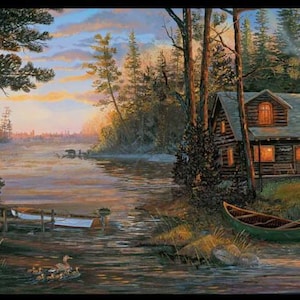 May include: A serene landscape painting depicts two rustic cabins nestled among trees beside a calm lake. A canoe rests on the shore, and a small dock extends into the water. The sky is a blend of orange, yellow, and blue, suggesting sunrise or sunset.