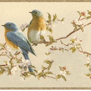 May include: A decorative border featuring three birds perched on flowering branches. Two bluebirds with orange chests and a yellow bird with white accents are depicted among white blossoms and green leaves against a cream background.