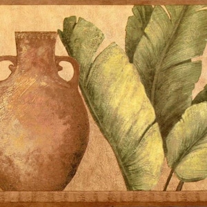 May include: A decorative border featuring a still life with terracotta vases and large green leaves. The vases have handles and are painted in shades of brown. The leaves are a mix of green and yellow.