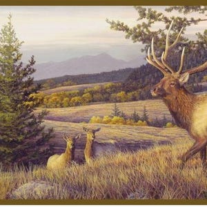 May include: A landscape painting featuring a herd of elk in a natural setting. The elk, with large antlers, are in a grassy field with trees and mountains in the background. The color palette includes greens, browns, and yellows.