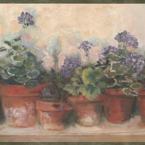 May include: A painted image of a row of terracotta pots filled with purple geraniums. The pots sit on a shelf, with a soft, blurred background of pastel colors. The artwork has a vintage, botanical theme.