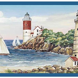 May include: A coastal scene featuring two lighthouses, sailboats, and a rocky shoreline. The lighthouses are white and red, with small buildings nearby. The water is blue, and the sky is a light blue with clouds. The image is framed with a dark blue border.