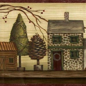 May include: A rustic-themed painting featuring a row of quaint houses and trees. The houses have stone and wood textures, with a dark red border at the top and bottom. A tree branch with red berries arches across the top.