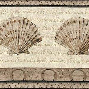 May include: A decorative border featuring two detailed seashell illustrations in shades of beige and brown. The background includes handwritten text fragments, with a decorative lower border.