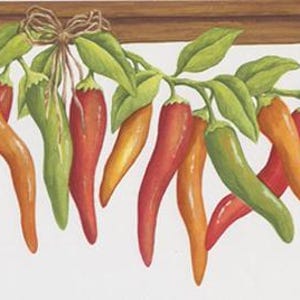May include: A decorative border featuring a string of chili peppers in various colors, including red, orange, and green. The peppers hang from green leafy vines, tied with a brown bow, against a white background.