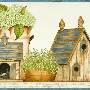 May include: Watercolor illustration of a decorative border featuring birdhouses, potted plants, and a bucket of flowers. The birdhouses have blue roofs and weathered wood siding. The plants have green leaves and white flowers. The border has a blue trim.