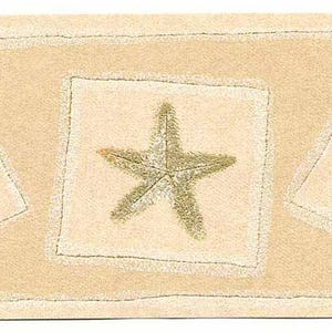May include: A decorative border featuring a repeating pattern of beige squares with a starfish and seashell design. The starfish and seashells are in shades of green and beige, set against a light beige background.