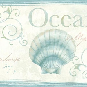 May include: A decorative border featuring aquatic elements. The design includes a seahorse, a scallop shell, and a starfish, all in shades of blue and green. The word "Ocean" is displayed in large letters, with the words "seahorse" and "scallop" written in cursive.