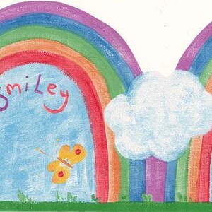 May include: A colorful painting of two rainbows with a fluffy white cloud between them. The word "smiley" is written in purple script within the left rainbow. A yellow butterfly with red spots is painted below the word "smiley". The background is light blue.