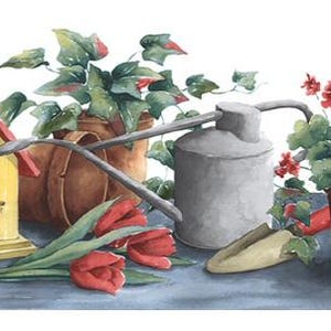 May include: Watercolor illustration of gardening tools and plants. A yellow birdhouse with a red roof sits next to a brown bag with green plants. A gray watering can, red tulips, and potted plants complete the scene.