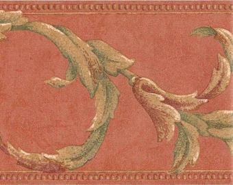 Acanthus Scroll Coral and Green Wallpaper Border CR061211b