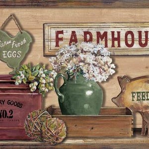 May include: A rustic farmhouse-themed still life. Features a green pitcher with white flowers, a sign that reads "FARMHOUSE", and a pig-shaped sign that reads "FEED AND SEED". Other elements include a sign that reads "farm fresh EGGS".