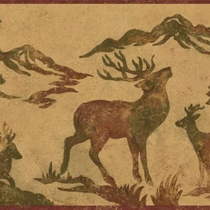 May include: A decorative wallpaper border featuring a rustic design with deer, mountains, and trees in shades of brown and green against a beige background. The border has a dark red trim.