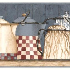 May include: Wallpaper border featuring a row of vintage-style teapots in various colors and patterns. The teapots include cream, blue, and gold tones, with checkered and striped designs. The background is a weathered blue wood.