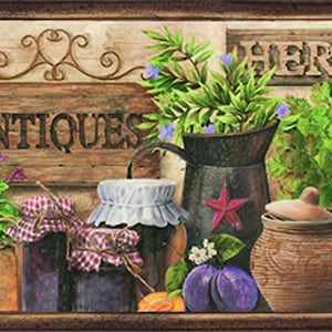 May include: A rustic still life featuring a wooden sign that reads "ANTIQUES" and "HERBS". The image includes jars of preserves, a metal pitcher with a red star, potted plants, and fresh fruit. The color palette is warm, with earthy tones.