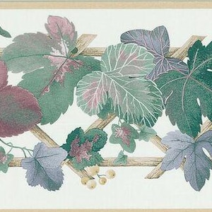 May include: Wallpaper border featuring a repeating pattern of grape leaves in shades of green, purple, and pink, set against a light beige trellis. The leaves have detailed veining and are interspersed with small clusters of yellow berries.