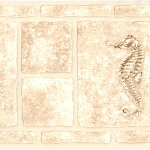 May include: Beige and tan seahorse design on a textured background. The seahorse is a detailed, sepia-toned illustration. The background has a brick-like pattern, with rectangular shapes in varying shades of beige and tan.