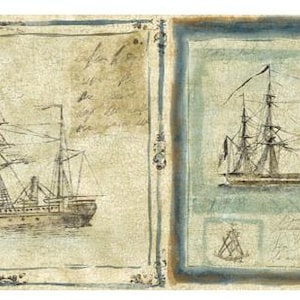 May include: Wallpaper border featuring nautical illustrations of sailing ships in a vintage style. The ships are sketched in brown against a beige and blue background, with script-like text.
