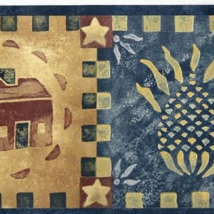 May include: Decorative wallpaper border featuring a repeating pattern. One section displays a maroon house with a chimney, surrounded by a yellow circle. The other section shows a yellow pineapple on a blue background. The border has a blue and yellow checkered design.
