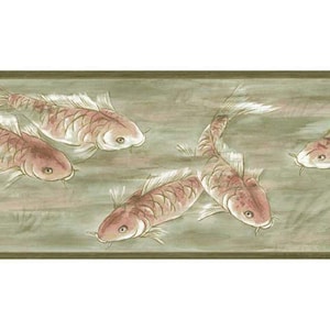 May include: Decorative wallpaper border featuring a repeating pattern of koi fish. The fish are depicted in shades of brown and white, swimming against a muted green background. The border has a dark green frame.